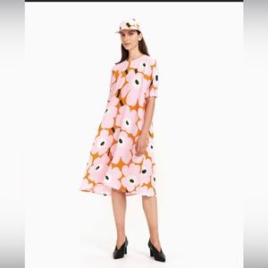 SOLD Marimekko Vokaali Uniko Floral Print Dress Orange Pink Green NEW with tags
